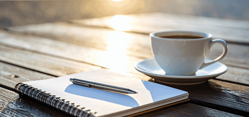 Journal and tea set in nature symbolizing trauma-informed somatic perspective on creativity, self-doubt and healing.